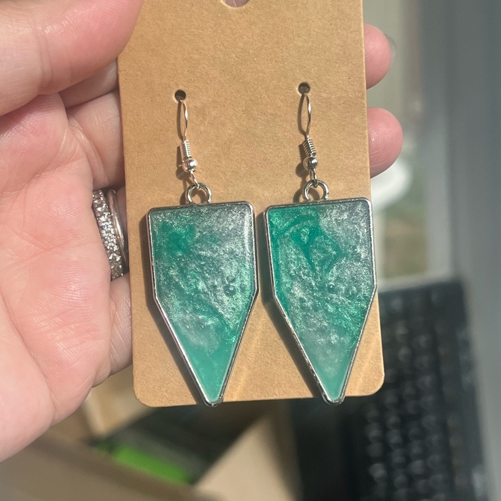 Handmade Green and Silver Geometric Earrings with Crystalline Texture